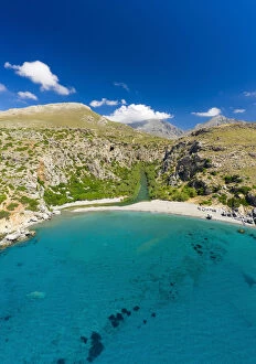 Traditionally Greek Gallery: Aerial photo by drone of Preveli beach, Retymno, Crete Island, Greek Islands, Greece