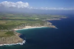 West Penwith Prints: Aerial photo of Lands End Peninsula looking east to the Minnack Theatre