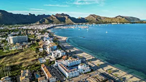 Sailboats Prints: Aerial of Port de Pollenca, Mallorca, Balearic islands, Spain, Mediterranean, Europe