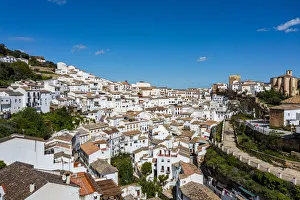Aerial of the pueblo of Setenil de las Bodegas, Andalucia, Spain, Europe