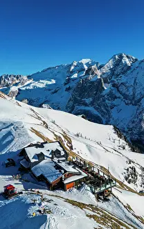 Chalet Prints: Aerial of a restaurantbelow the Marmolada highest mountain in the Dolomites, Italy