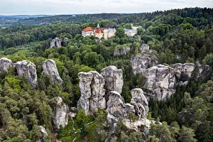 Aerial of Rock town of Hruba Skala with the castle in the background, Bohemian Paradise