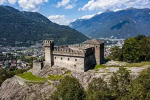 Aerial of Sasso Corbaro Castle, Three Castles of Bellinzona UNESCO World Heritage Site