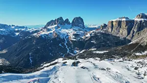Fitness Prints: Aerial of Sassolongo or Langkofelschart e and the Canazei ski slopes, Dolomites, Italy