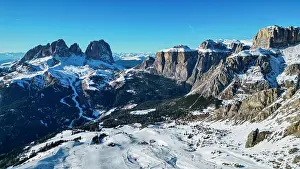Skiing Prints: Aerial of Sassolongo or Langkofelscharte and the Canazei ski slopes, Dolomites, Italy