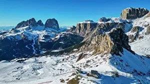 Skiing Prints: Aerial of Sassolongo or Langkofelscharte and the Canazei ski slopes, Dolomites, Italy