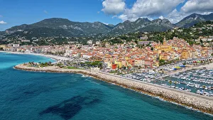 Provence Alpes Cote Dazur Prints: Aerial of the seaside town of Menton