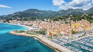Provence Alpes Cote Dazur Prints: Aerial of the seaside town of Menton