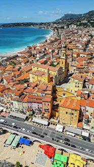 Provence Alpes Cote Dazur Prints: Aerial of the seaside town of Menton