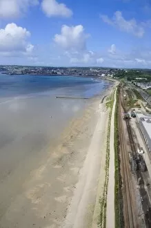 Aerial shot of railway line near Penzance, Cornwall, United Kingdom, Europe