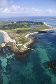 Tresco Prints: Aerial shot of Tresco, Isles of Scilly, Cornwall, United Kingdom, Europe
