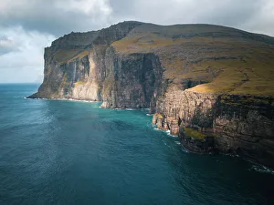 Isolated Prints: Aerial shot of Vagar island shores in the Faroe Islands, Denmark, North Atlantic, Europe