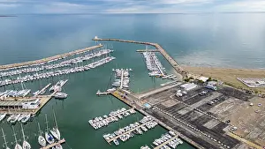 Docked Prints: Aerial of the sport harbour, futuristic seaside town of La Grande Motte