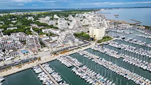 Sailboats Prints: Aerial of the sport harbour, futuristic seaside town of La Grande Motte