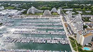 Docked Prints: Aerial of the sport harbour, futuristic seaside town of La Grande Motte
