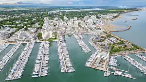 Docked Prints: Aerial of the sport harbour, futuristic seaside town of La Grande Motte