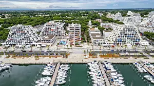 Docked Prints: Aerial of the sport harbour, futuristic seaside town of La Grande Motte