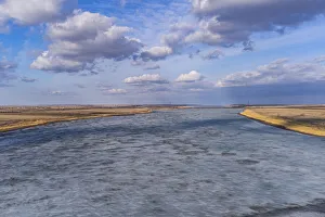 Flowing Water Prints: Aerial of the Tobyl River, south of Kostanay, northern Kazakhstan, Central Asia, Asia