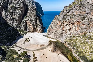 Aerial of Torrent de Pareis, Sa Calobra, Mallorca, Balearic Islands, Spain, Mediterranean