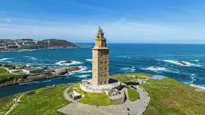 Aerial of the Tower of Hercules, UNESCO World Heritage Site, La Coruna, Galicia, Spain, Europe
