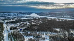 Forestry Prints: Aerial of Tura on the Yenisei river, Krasnoyarsk Krai, Evenki state, Russia