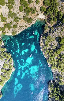 Sailboat Prints: Aerial of the turquoise waters of the Formentor Peninsula