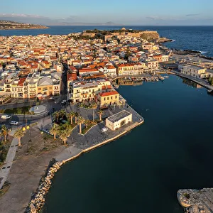 Rethymno Prints: Aerial of Venetian harbor with a view of Venetian Fortezza