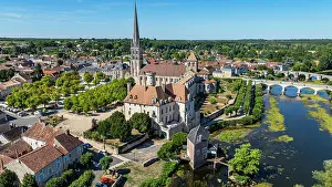 Small Prints: Aerial view of Abbey Church of Saint-Savin-sur-Gartempe highlighting its architecture and landscape in France