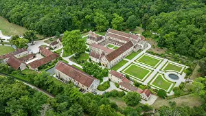 Landscaping Prints: Aerial view of the Abbey of Fontenay in France showcasing its unique architecture and surrounding greenery