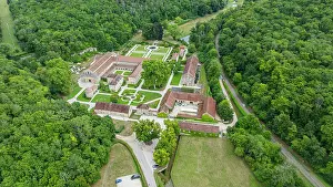 Visitor Prints: Aerial view of the Abbey of Fontenay surrounded by forests