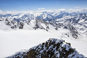 Mountainside Prints: Aerial view of alpine skiers on Mount Dosegu, Stelvio National Park, Valtellina, Valfurva
