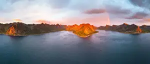Rainbow Prints: Aerial view of Arctic sea with Ersfjord and Steinfjord fjords under the rainbow