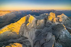 Rosengarten Prints: Aerial view of autumn sunset over the majestic peaks of Catinaccio Group, Dolomites