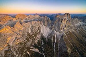 Rosengarten Prints: Aerial view of autumn sunset over Torri Del Vajolet, Catinaccio Group and Roda di Vael