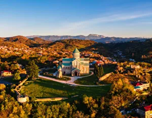 Kutaisi Prints: Aerial view of Bagrati Cathedral at sunrise, in Kutaisi, Imereti, Georgia (Sakartvelo)