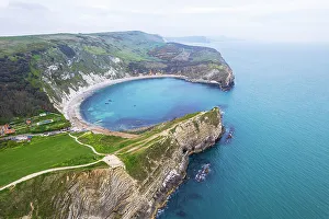 Aerial view of the bay of Lulworth Cove, Jurassic Coast, UNESCO World Heritage Site, Dorset, England, United Kingdom, Europe
