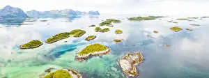 Senja Prints: Aerial view of Bergsoyan Islands in the emerald transparent water of the fjord, Senja