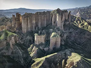 Aerial view of Binggou Danxia mountains, Gansu, China, Asia