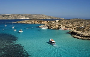 Maltese Prints: Aerial view of the Blue Lagoon, Comino Island, Malta, Mediterranean, Europe