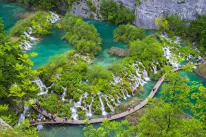 Aerial view of the boardwalk at Plitvice Lakes National Park, UNESCO World Heritage Site