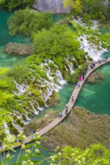 Cascades Prints: Aerial view of the boardwalk at Plitvice Lakes National Park, UNESCO World Heritage Site