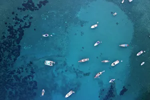 Latina Province Prints: Aerial view of boats anchored in the crystal blue waters