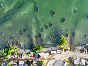 Lagoons Prints: Aerial view of boats moored in the exotic lagoon