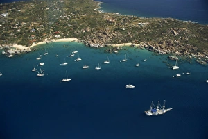 Virgin Islands Prints: Aerial view over boats moored off the coast of St