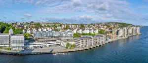 Stavanger Prints: Aerial view of buildings aligning shore approaching Stavanger, Stavanger, Norway