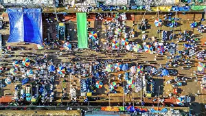 Stalls Prints: Aerial view of bustling fish market filled with vendors and shoppers in Chittagong