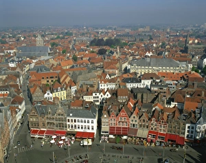 Brugge Prints: Aerial view of cafe facades, Market Square, Bruges, Belgium, Europe
