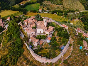 Umbria Prints: Aerial view of Campello Alto, Campello sul Clitunno, Perugia, Umbria, Italy, Europe