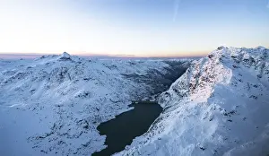 Fuel And Power Generation Prints: Aerial view of Campo Moro dam and Pizzo Scalino covered with snow, Valmalenco