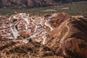 Granada Prints: Aerial view captures Gorafe village and its surroundings in the rugged desert landscape of Spain